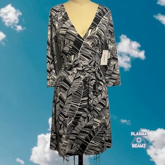 Just Fab Black & White Banana Leaf Wrap Dress M - Picture 3 of 12